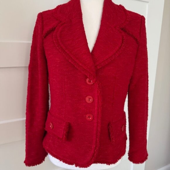 ST. JOHN Lipstick Red Tweed Fringe Trim Suit Blazer Jacket Size 6 Women's - Picture 1 of 8